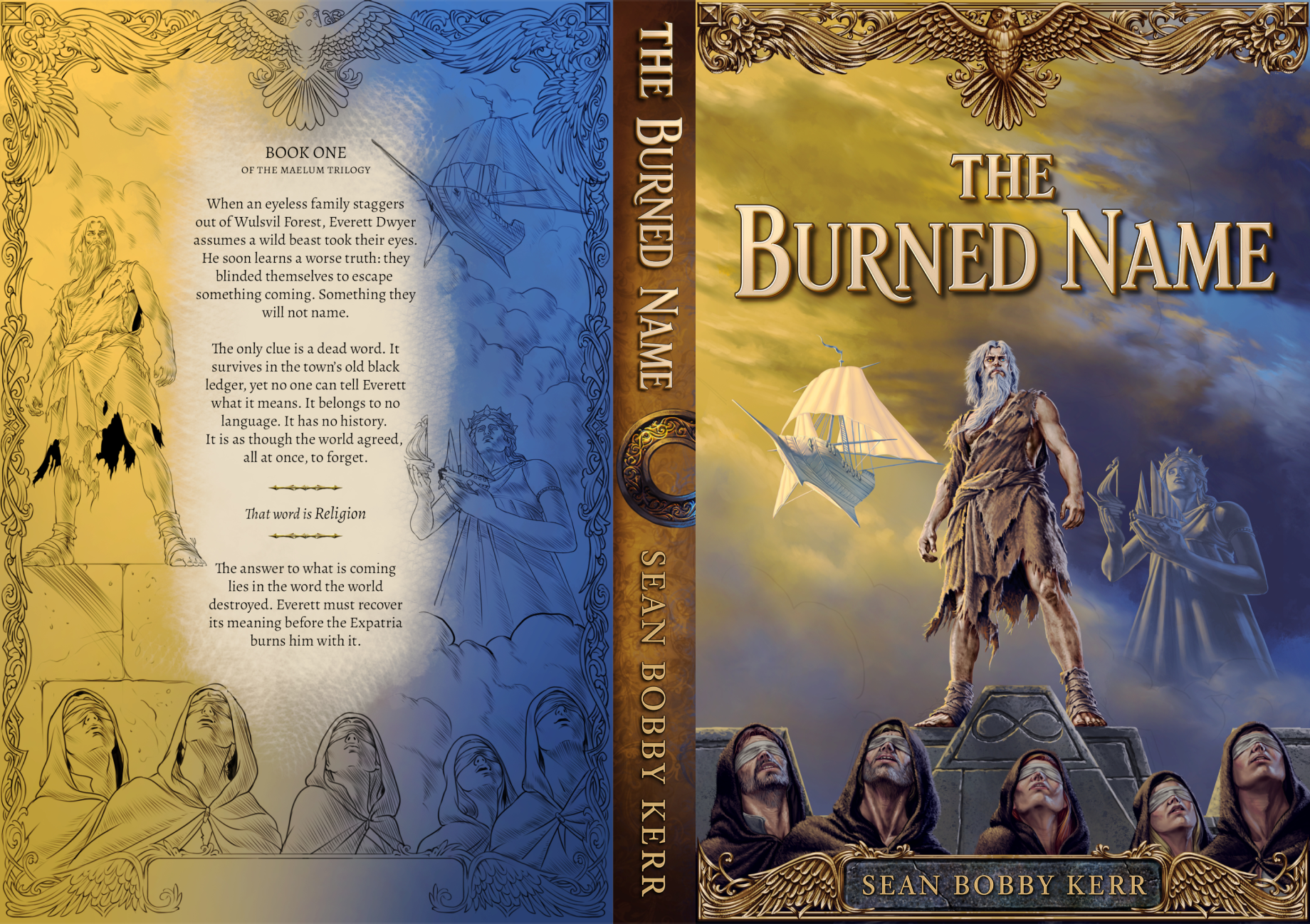 The Burned Name wraparound cover: front cover, spine, and back cover synopsis.